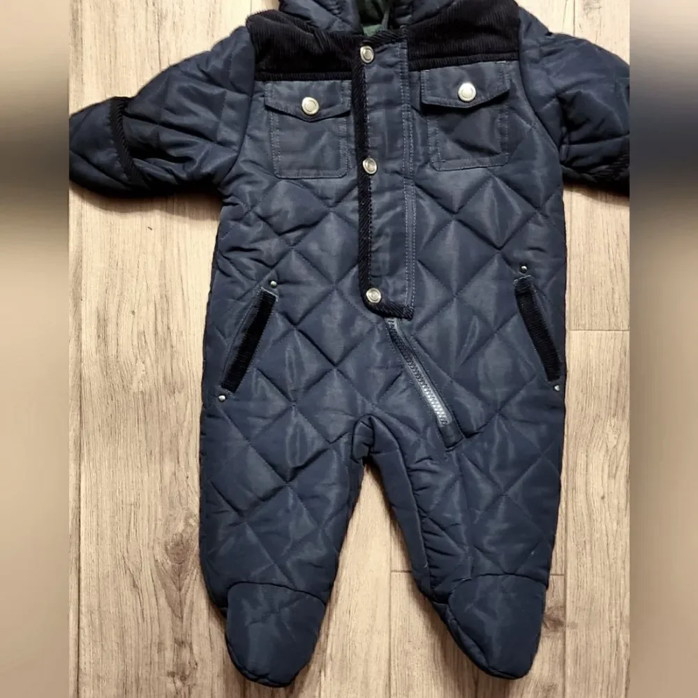 Rothschild Quilted Snowsuit Plaid Lining Corduroy Trim Navy Blue Black Size 3-6M